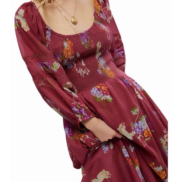 Free People Smocked Floral Maxi Dress Small Boho Witchy Fairy Morning Glory - Picture 2 of 9